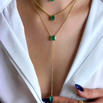 עדינה בצבע כסף שכבה כפולה שרשרת הצהרה שרשרת עם ירוק Cz זירקון השרשרת לנשים תכשיטים הסיטוניים 2022