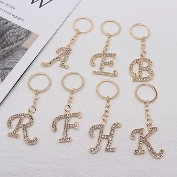 צבע זהב נוצץ ריינסטון מכתב מתכת מחזיקי מפתחות פשוטים אופנה גיאומטרית קישוט מחזיק מפתחות שקית אביזרים מחזיקי מפתחות מתנה