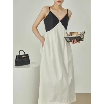 צרפתי V-High-End תפרים Suspender שמלה לנשים הקיץ של עיצוב, מקרית, מרזה, שחור ולבן הילה צבוע Suspe
