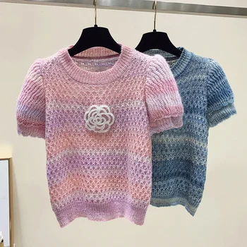 קוריאני אופנה קיץ סרגה סוודר נשים O-צוואר שרוול קצר מקרית Y2k שיק Pullovers מקסימום חלול החוצה Knitwears 2023