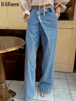 קוריאני רטרו גבוהה המותניים חופשי סדיר אבזם עיצוב מכנסי ג 'ינס אופנה נשים כחולות רגליים רחבים באורך מלא ג' ינס מכנסיים אופנת רחוב