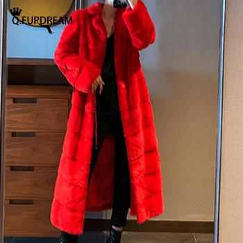קיו FURDREAM 2022 העליון במכירת נדל רקס ארנב פרווה מעיל עם דש צווארון אופנה חמים, מעיל 90cm אדום ארוך נשים מעיל חורף