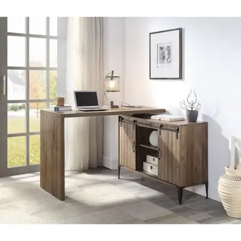 שולחן מחשב, Office בצורת השולחן עם הזזה אסם אחסון הדלת, יציאת USB כלול, רגל מתכת w/גימור שחור עבור חדר לימוד