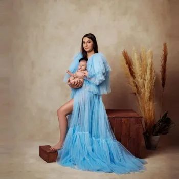 שיק כחול טול צילומים שמלות הריון נשים תפוחות שרוולים צרופה קפלים באורך רצפת זמן שסף שמלת היריון