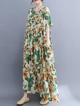 שרוול קצר קוריאני אופנה גדולים כותנה וינטאג', שמלות פרחוניים עבור נשים מזדמנים רופף אישה מקסי ארוכה שמלת הקיץ 2023
