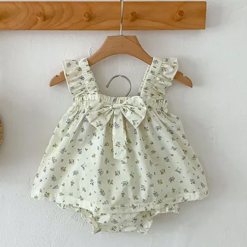 תינוק תינוק בגדי ילדות חליפת כותנה ללא שרוולים פרחים מודפסים חולצה+PP קצרים תינוק בגדי בנות להגדיר עבור הקיץ