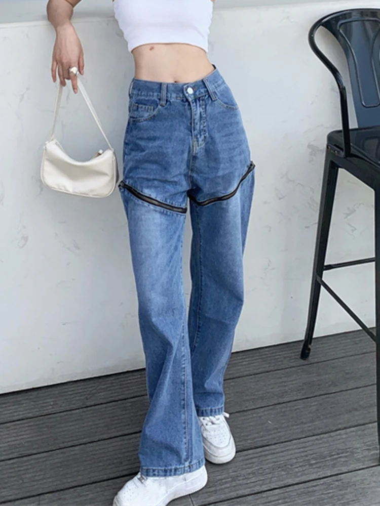 Aelegantmis אופנת רחוב רחב הרגל ג 'ינס לנשים בציר גבוהה המותניים עיצוב רוכסן אופנה ג' ינס המכנסיים נשיים הקיץ החדש מכנסיים
