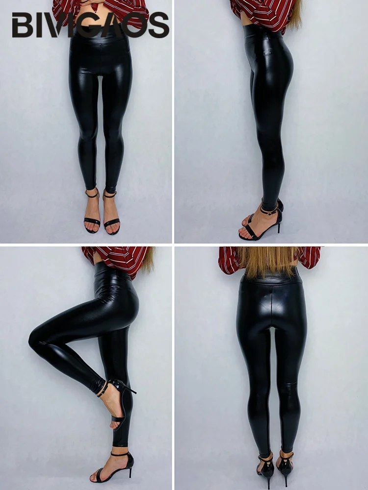 BIVIGAOS אופנה נשים עור PU מכנסיים אלסטיות גבוהה המותניים החורף חותלות סלים קטיפה עור חותלות רזה פליס מכנסיים