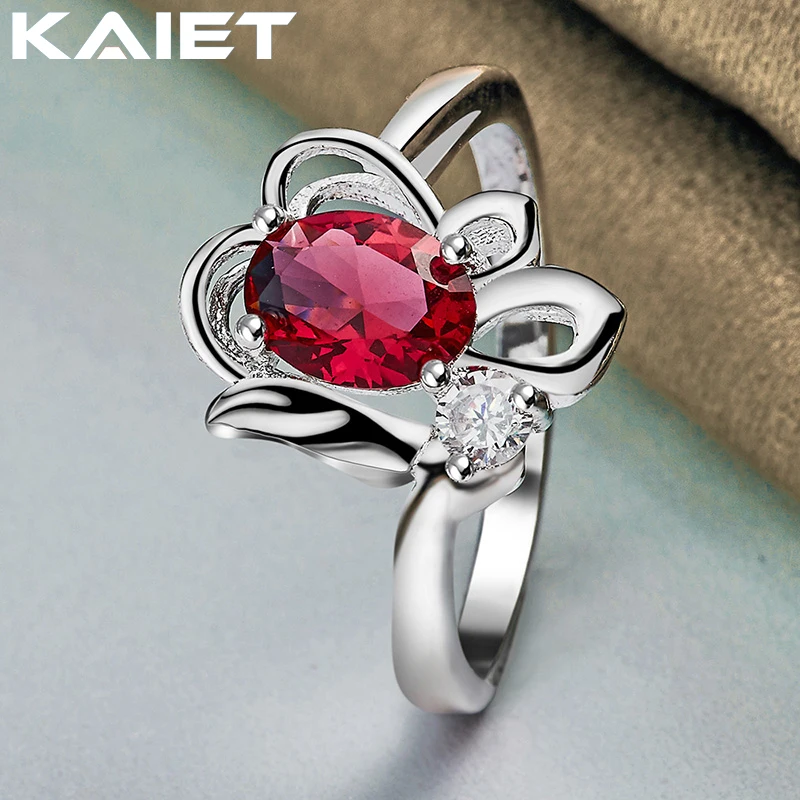 KAIET אופנה צבע כסף פרח אדום קריסטל 7-10# הטבעת מסיבת חתונה קסם אביזרים לנשים תכשיטים