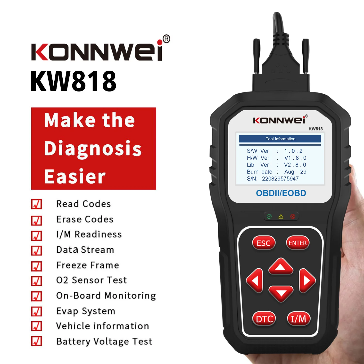 KONNWEI KW818 OBD 2 רכב סורק 12V סוללה הבוחן תמיכה יכול J1850 מנוע Fualt קורא קוד אבחון סורק כלי רכב