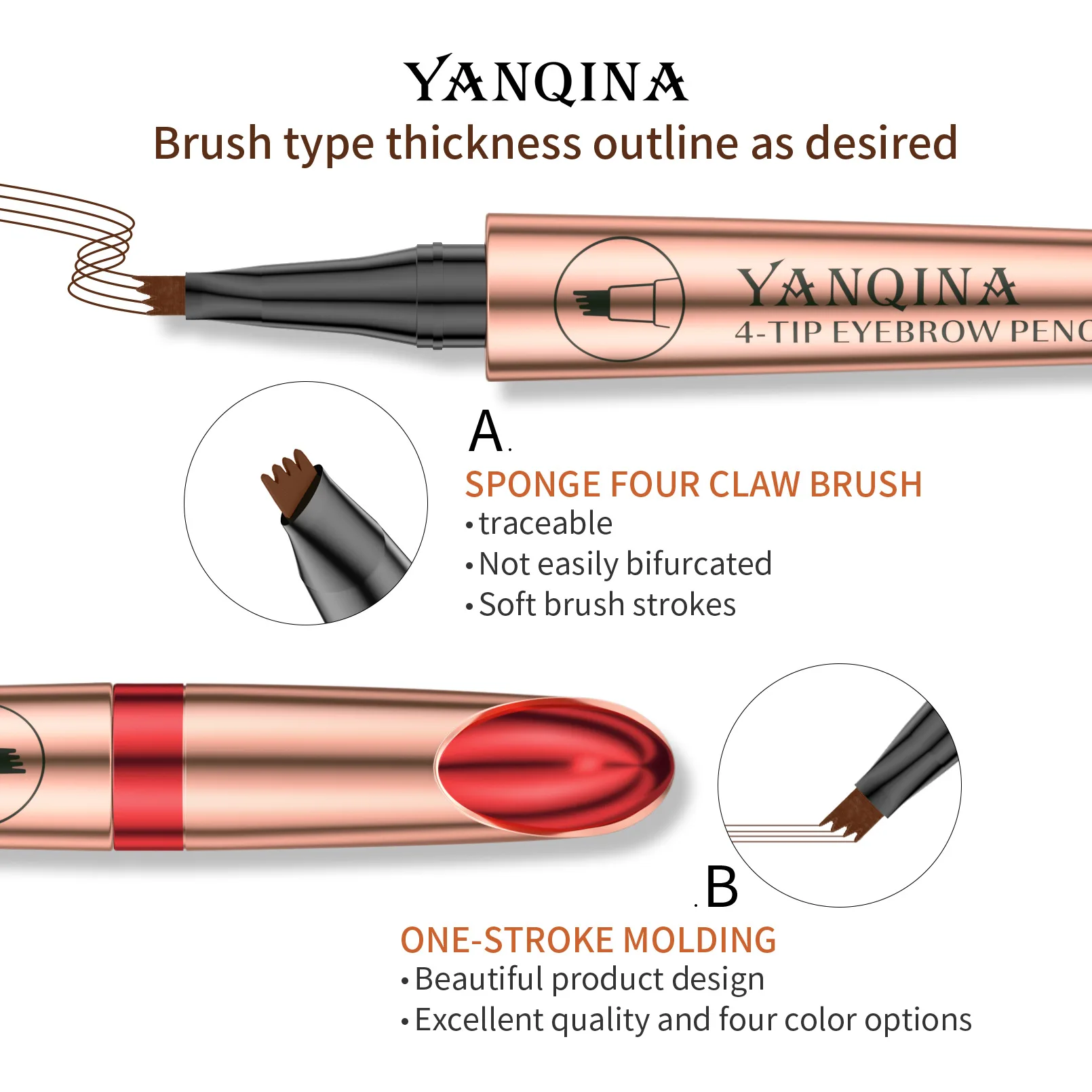 YANQINA 4 צבע נוזלי עיפרון גבות המקצוע גבה עט עמיד למים Sweatproof לאורך 24h הגבה עט על איפור טבעי