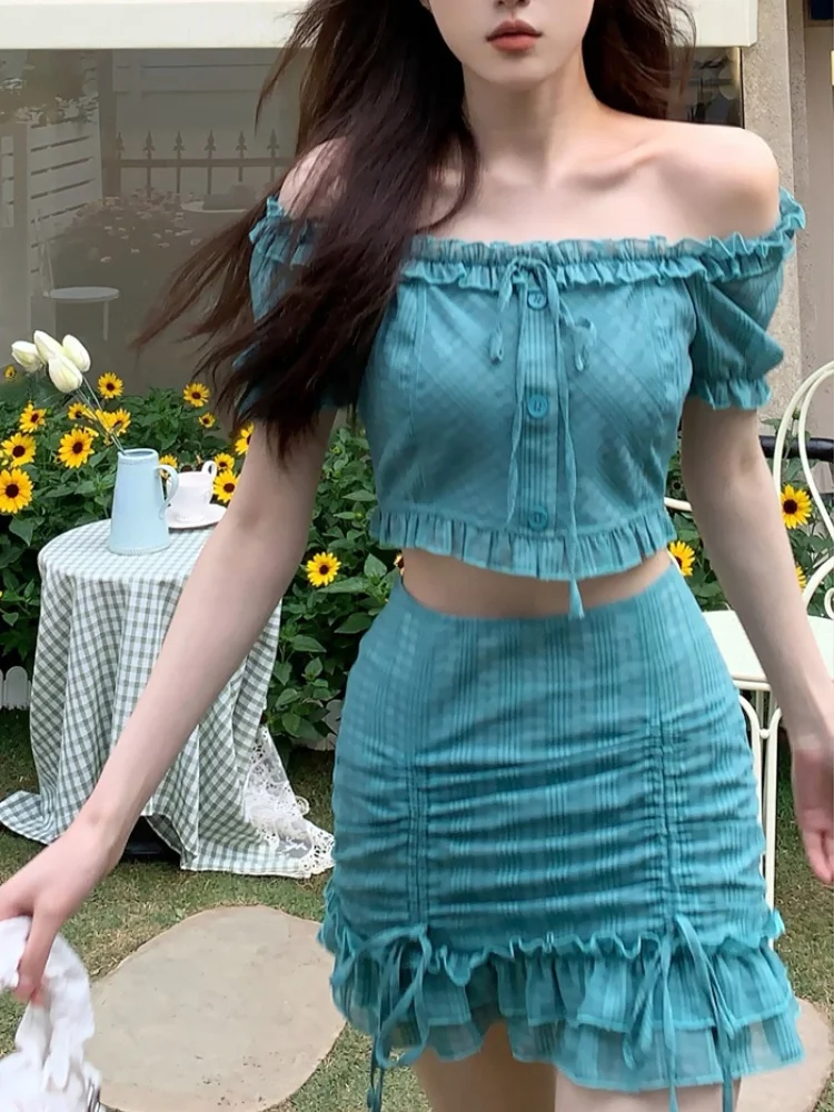 אופנה קוריאנית 2 חתיכת השמלה להגדיר נשים שרוול קצר Y2k יבול גג + סלים Bodycon מיני חצאית חוף מזדמנים חליפה אופנתי 2023 הקיץ