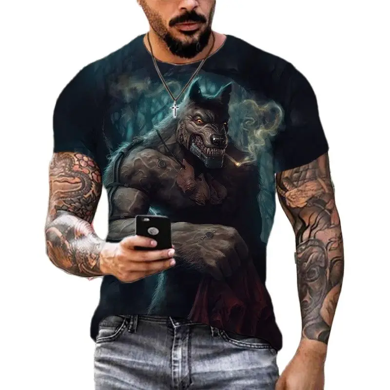הדפסת 3D זאב טי-שירט לגברים קיץ מנופחים קצר, חולצות שרוול סוודר 2023 אופנה אופנת רחוב של גברים מגניב בגדים זולים Tees