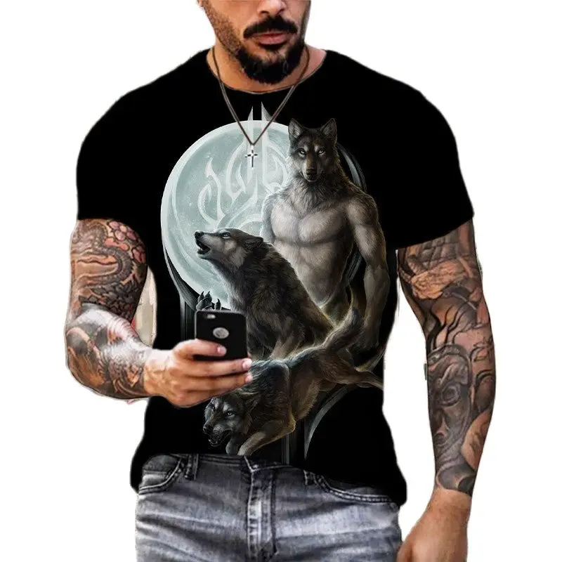 הדפסת 3D זאב טי-שירט לגברים קיץ מנופחים קצר, חולצות שרוול סוודר 2023 אופנה אופנת רחוב של גברים מגניב בגדים זולים Tees