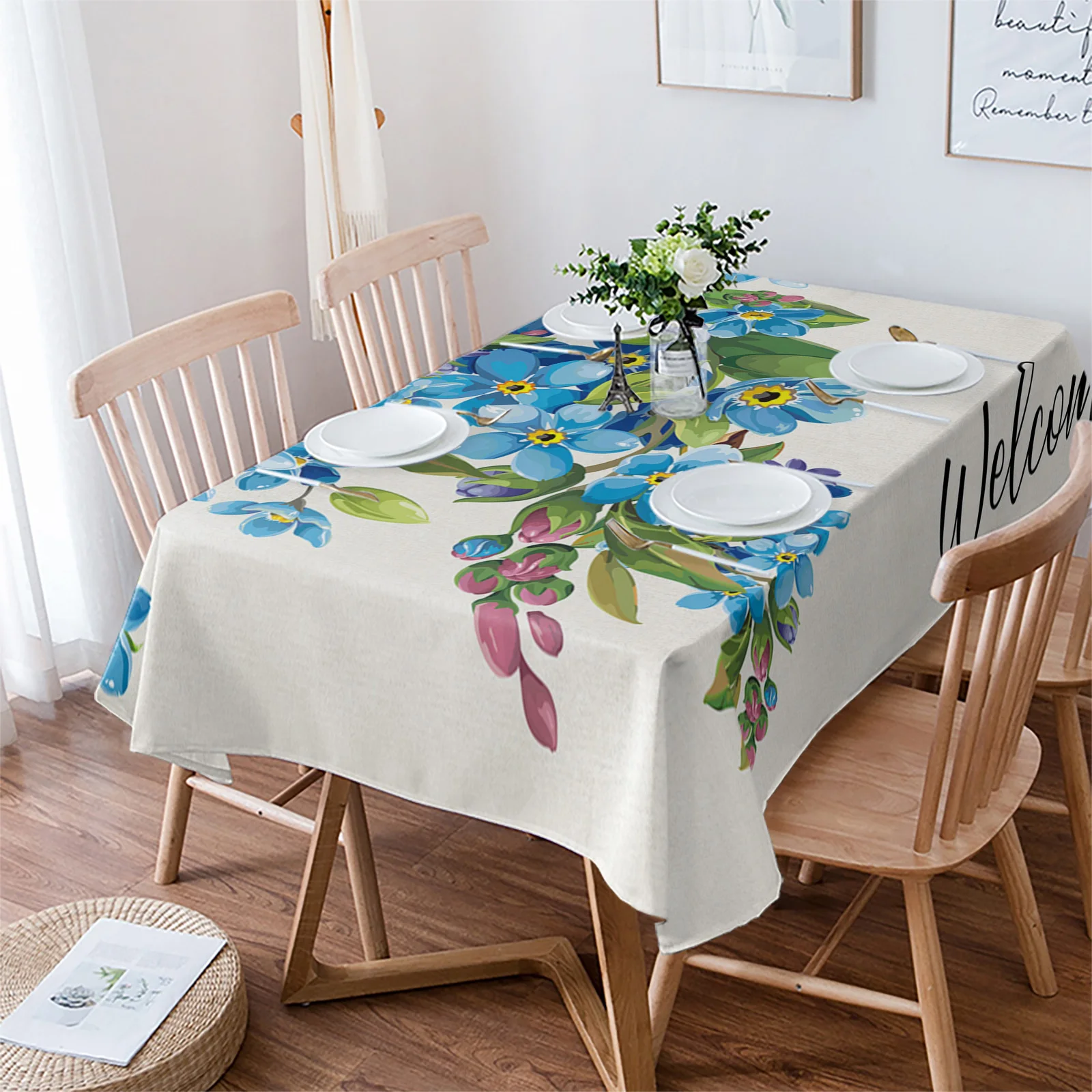 כחול פרחים בצבעי מים מפת שולחן מלבני שולחן החג לכסות מסיבת ערב עיצוב עמיד למים בד השולחן