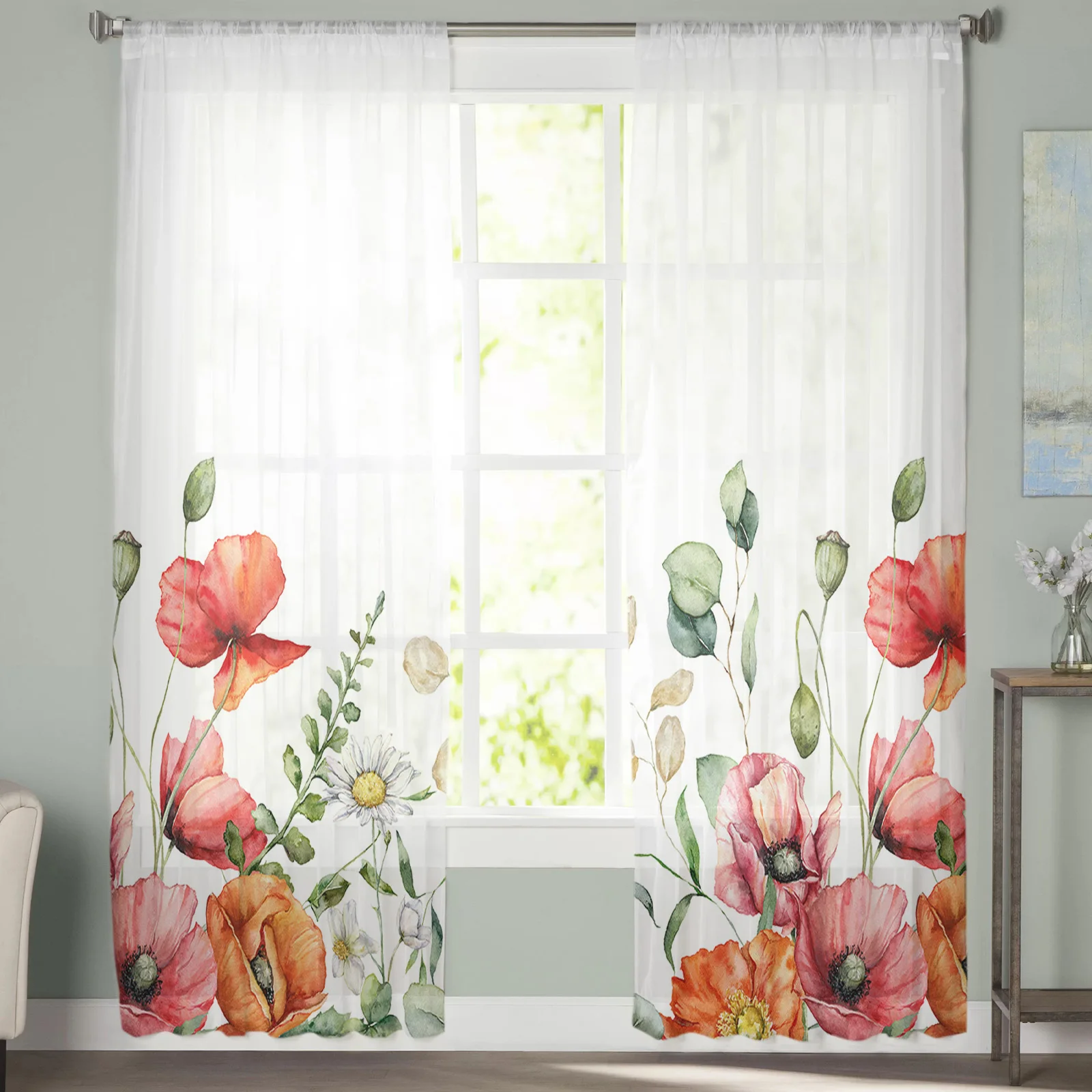 צמח טרופי אקליפטוס פרח הפרג טול וילונות עבור חדר שינה בעיצוב הבית הסלון המטבח ואל וילונות, וילונות עיוור