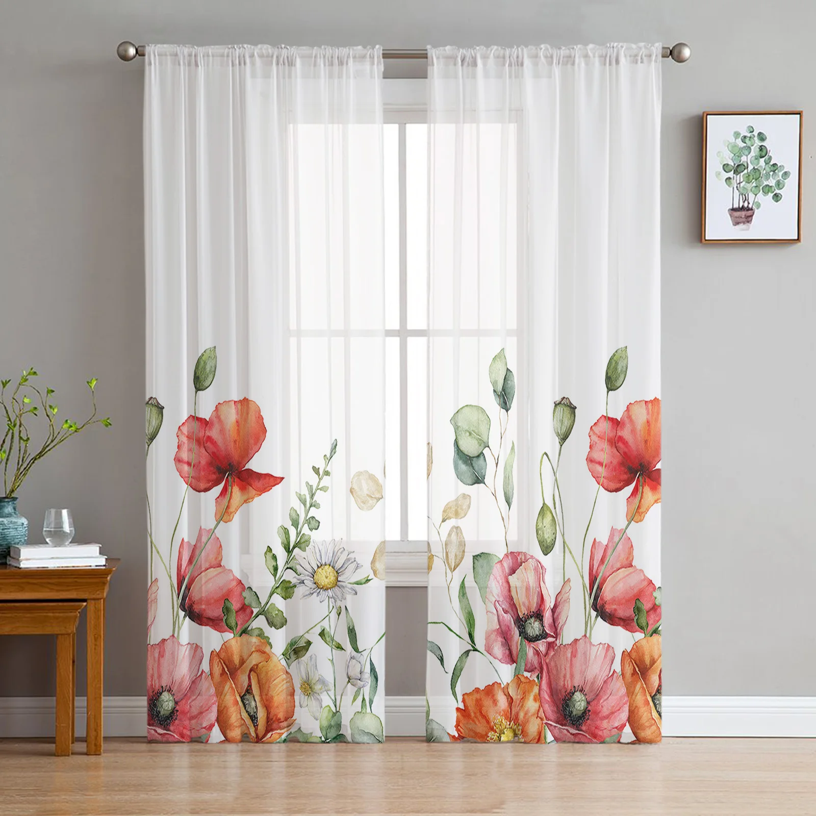 צמח טרופי אקליפטוס פרח הפרג טול וילונות עבור חדר שינה בעיצוב הבית הסלון המטבח ואל וילונות, וילונות עיוור