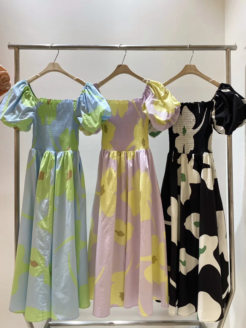 קוריאה השער המזרחי 2023 הקיץ החדש צוואר מרובע בועה שרוול צרפתית קפלים חג השמלה כתף שמלת נשים